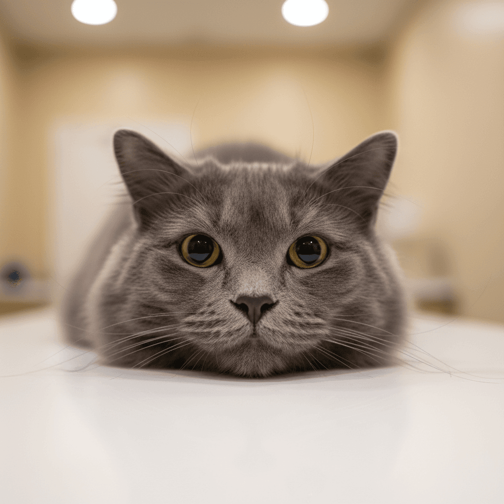 Close-up portrait of gray cat with alert, trusting expression in veterinary examination setting